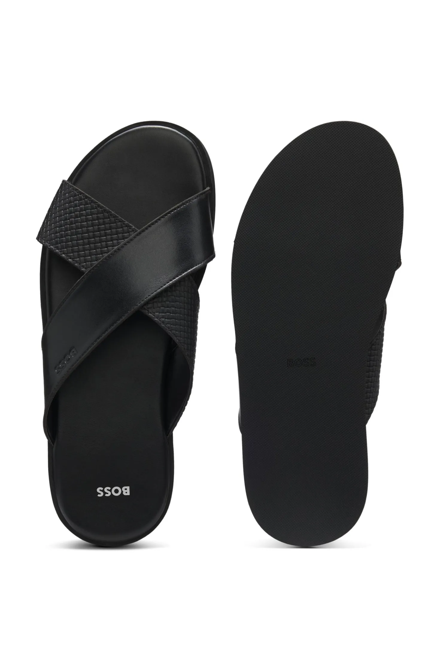 Faux-leather slides with plain and patterned straps
