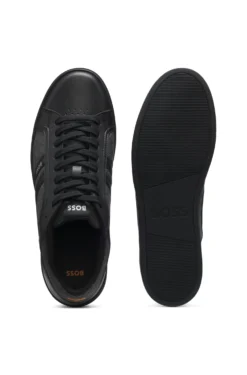 Faux-leather trainers with denim-look trims