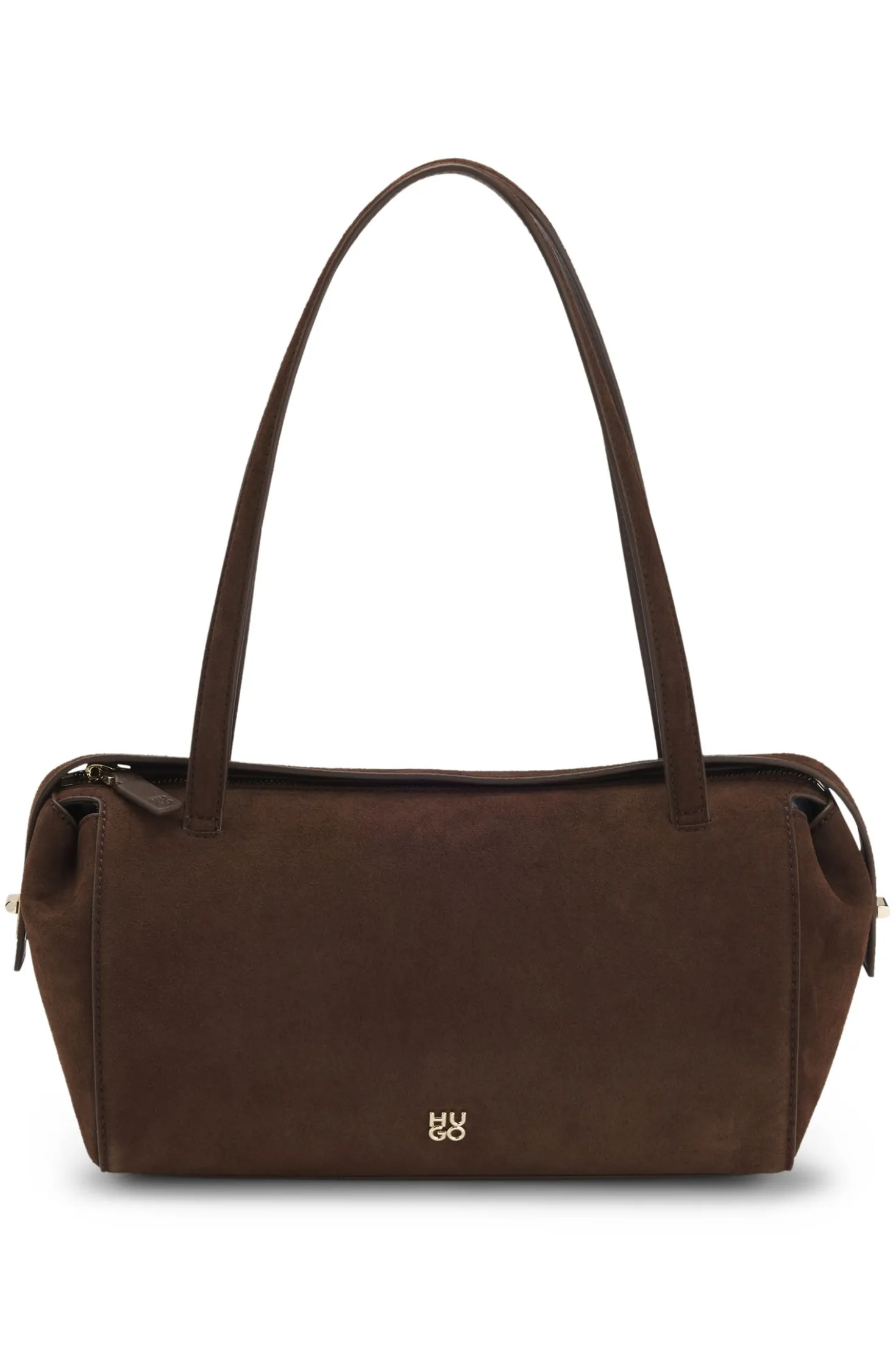 Faux-suede handbag with metallic stacked logo