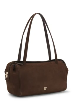 Faux-suede handbag with metallic stacked logo
