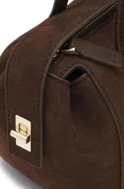 Faux-suede handbag with metallic stacked logo