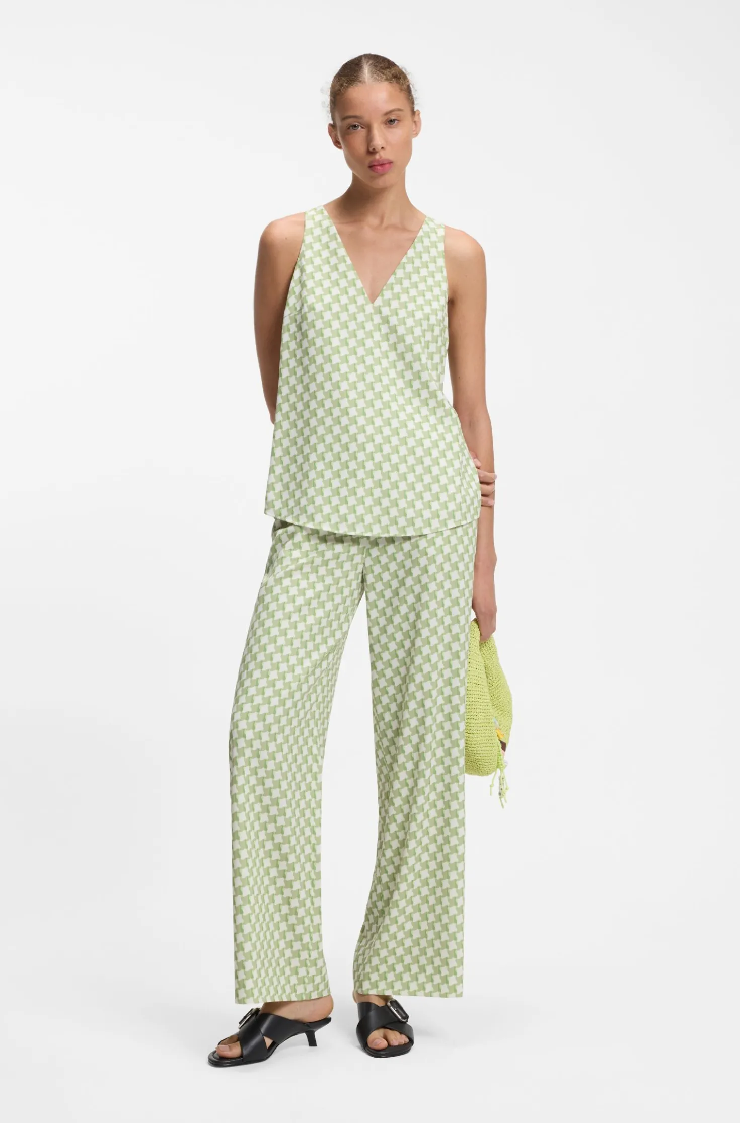 Geometric-print sleeveless top with sequins