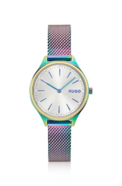 #Glossy iridescent-plated steel watch with crystal markers