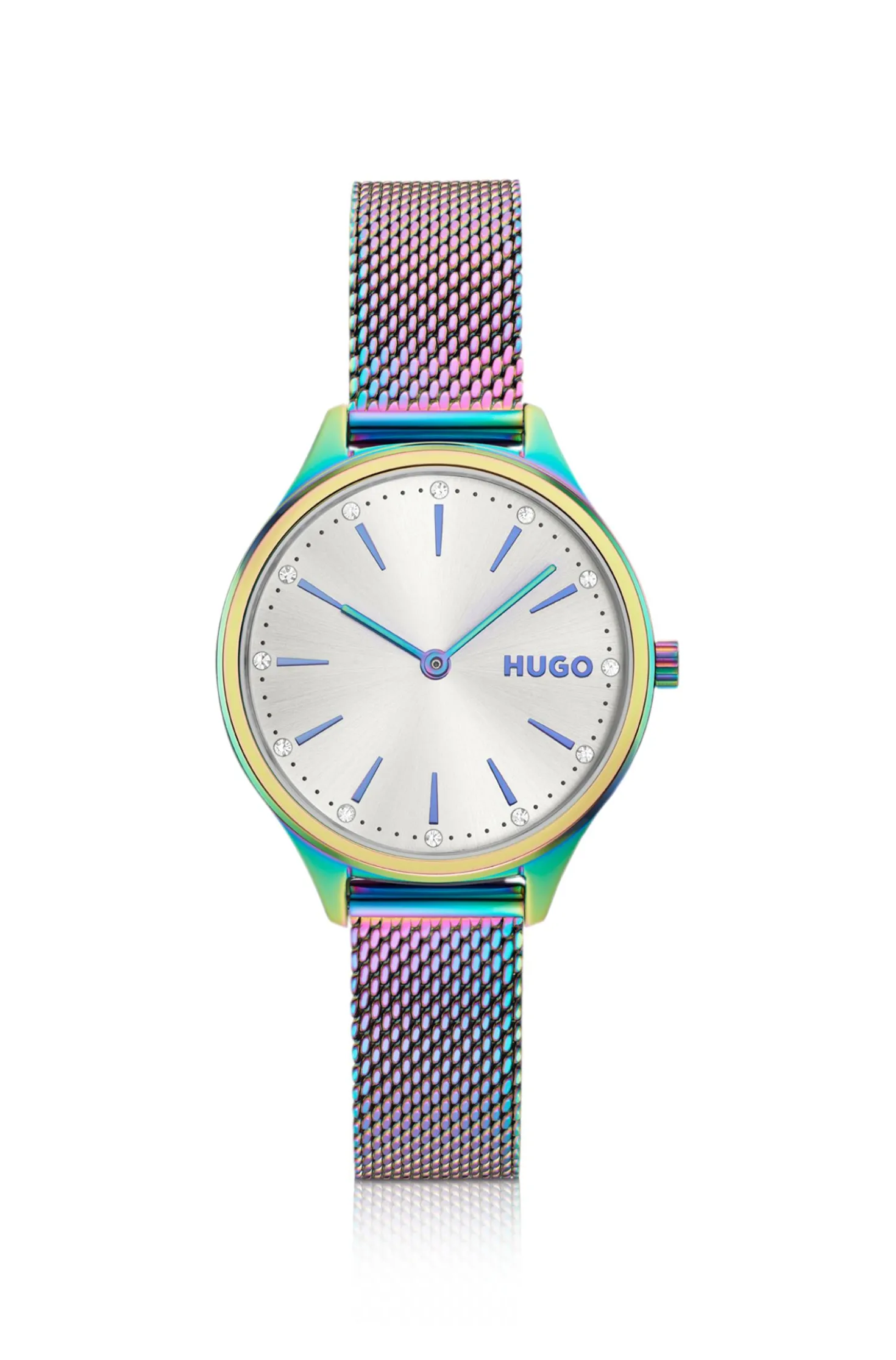 #Glossy iridescent-plated steel watch with crystal markers