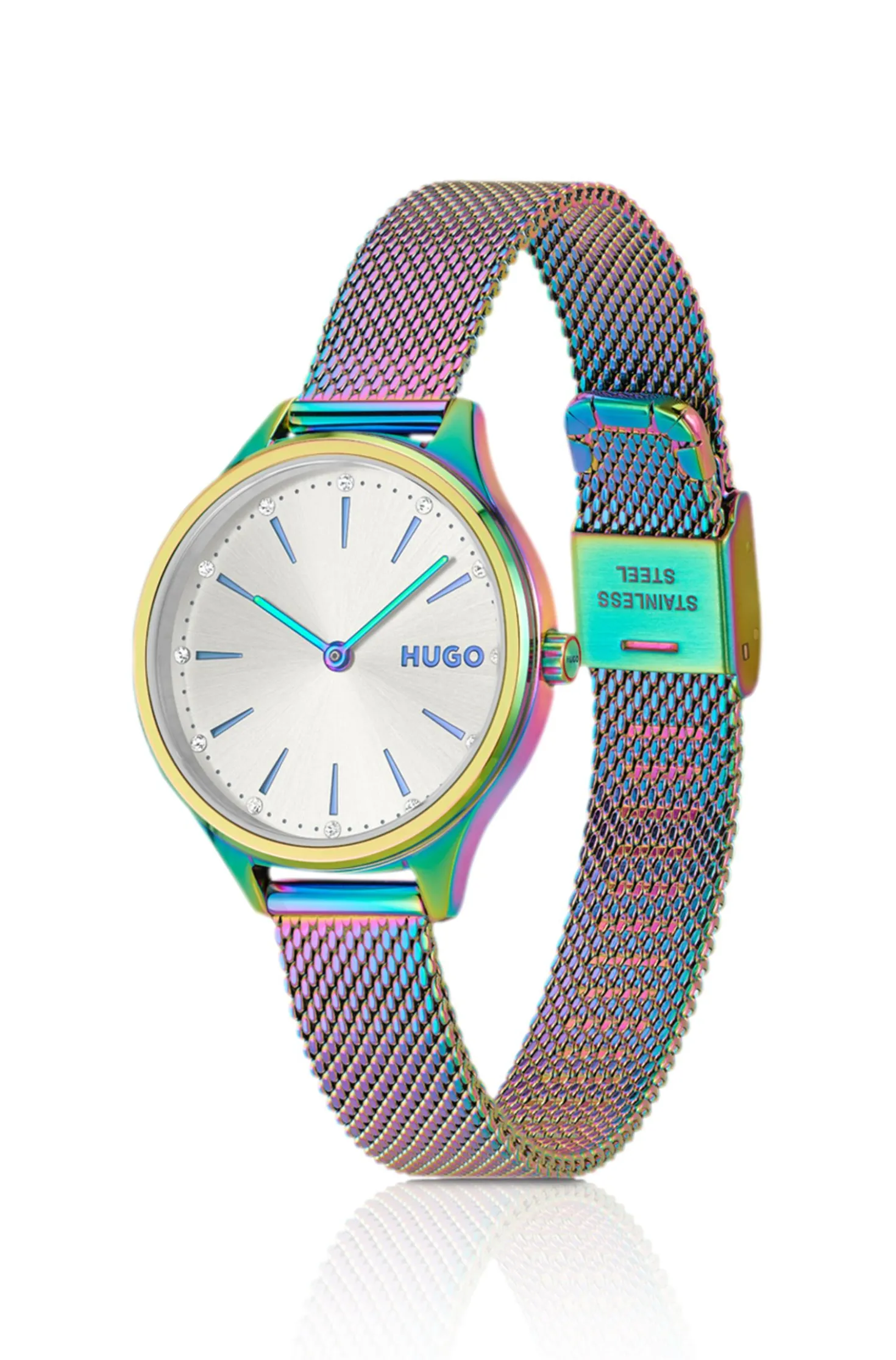 #Glossy iridescent-plated steel watch with crystal markers