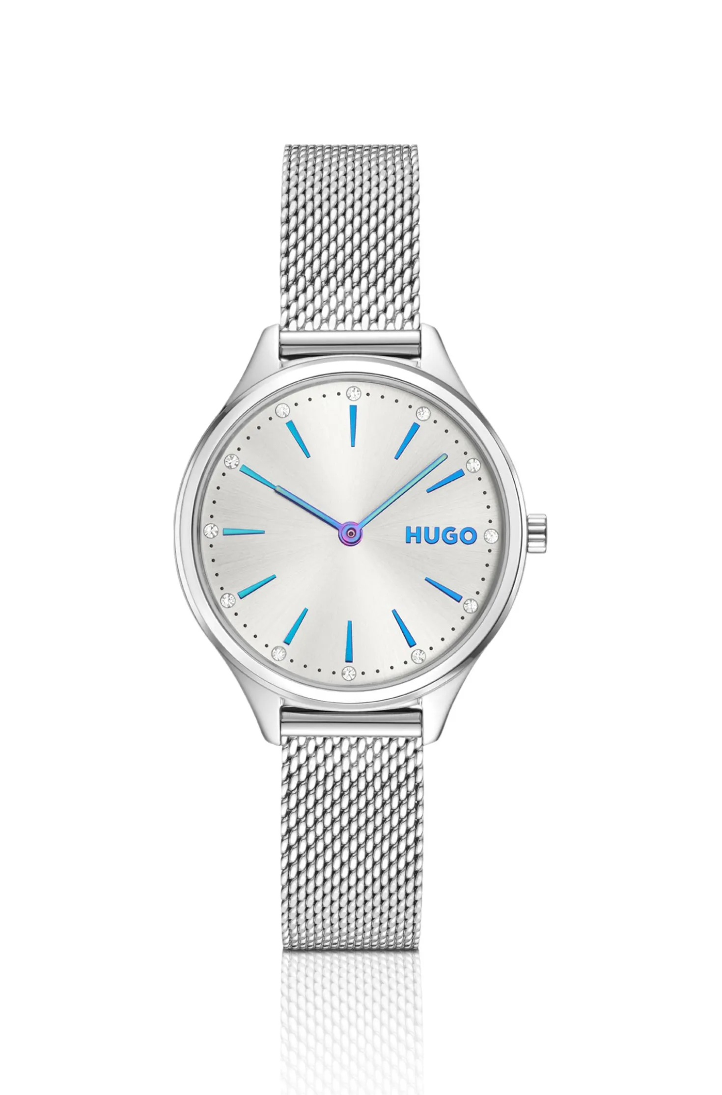 #Glossy stainless-steel watch with crystal markers