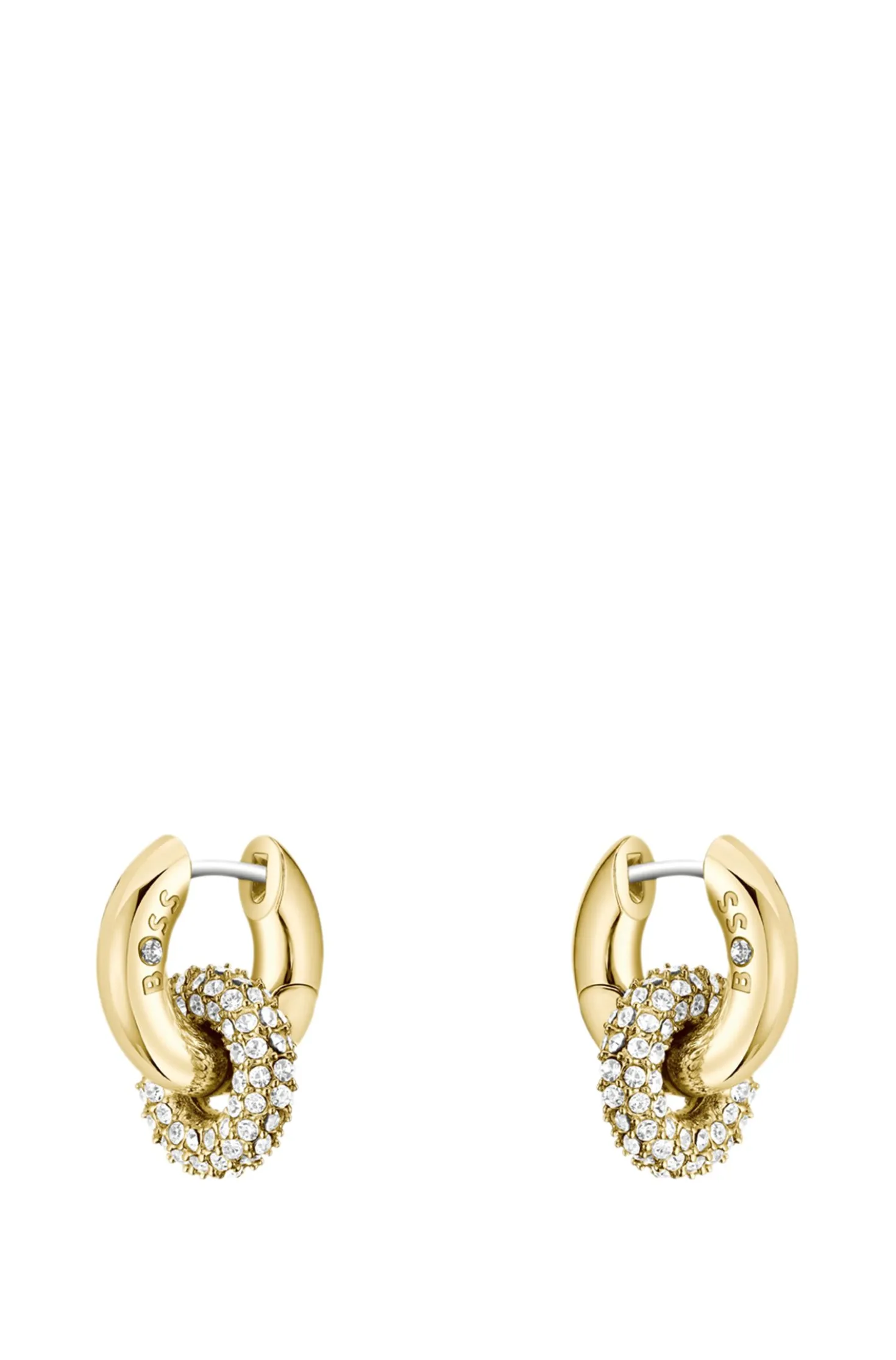 Gold-tone earrings with intertwining hoops and pavé crystals