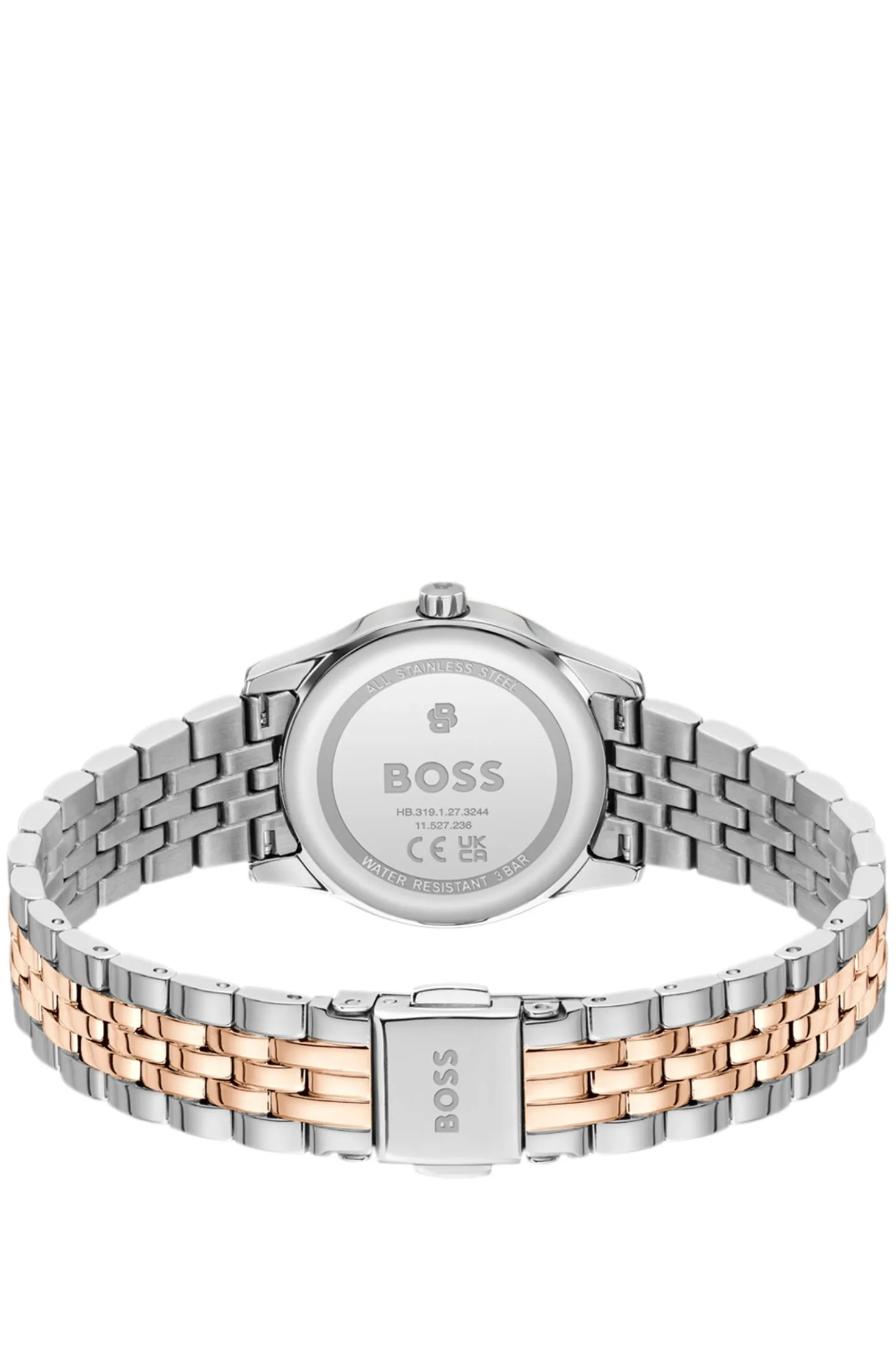 Graceful two-tone watch with pink sunburst-patterned dial