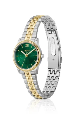 Graceful two-tone watch with sunburst-patterned dial