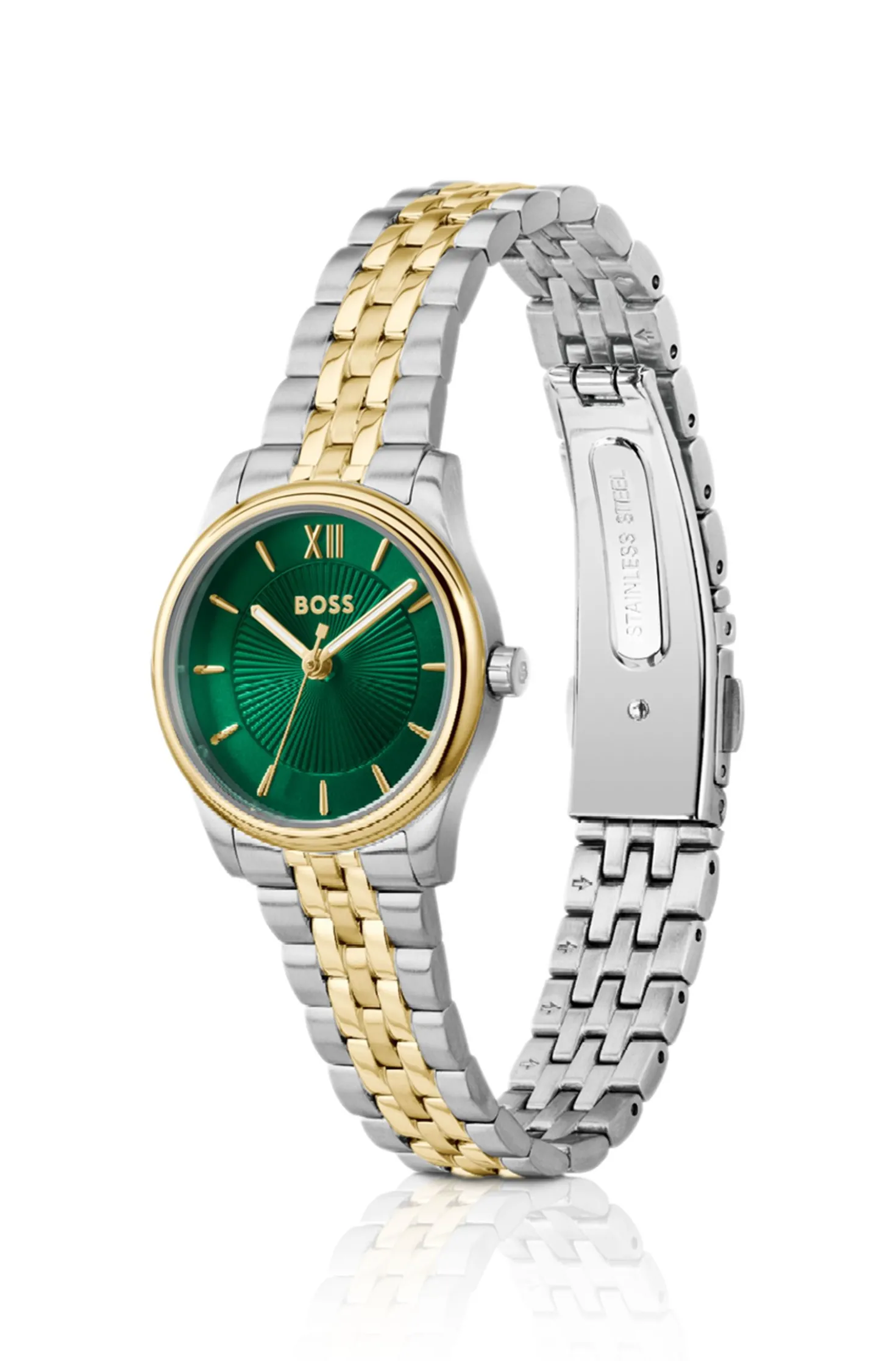 Graceful two-tone watch with sunburst-patterned dial