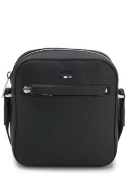 Grained faux-leather reporter bag with signature-stripe trim