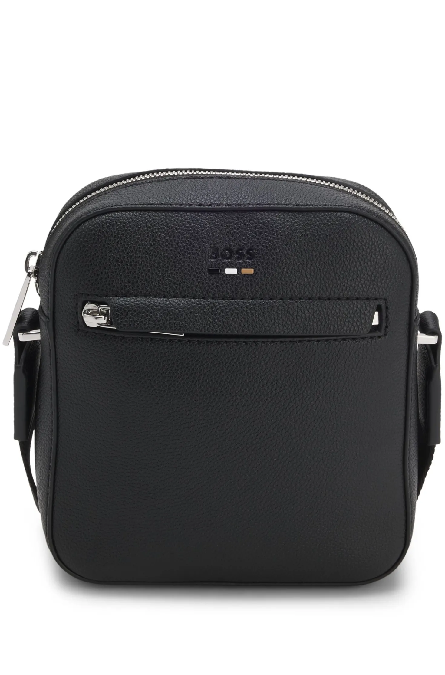 Grained faux-leather reporter bag with signature-stripe trim