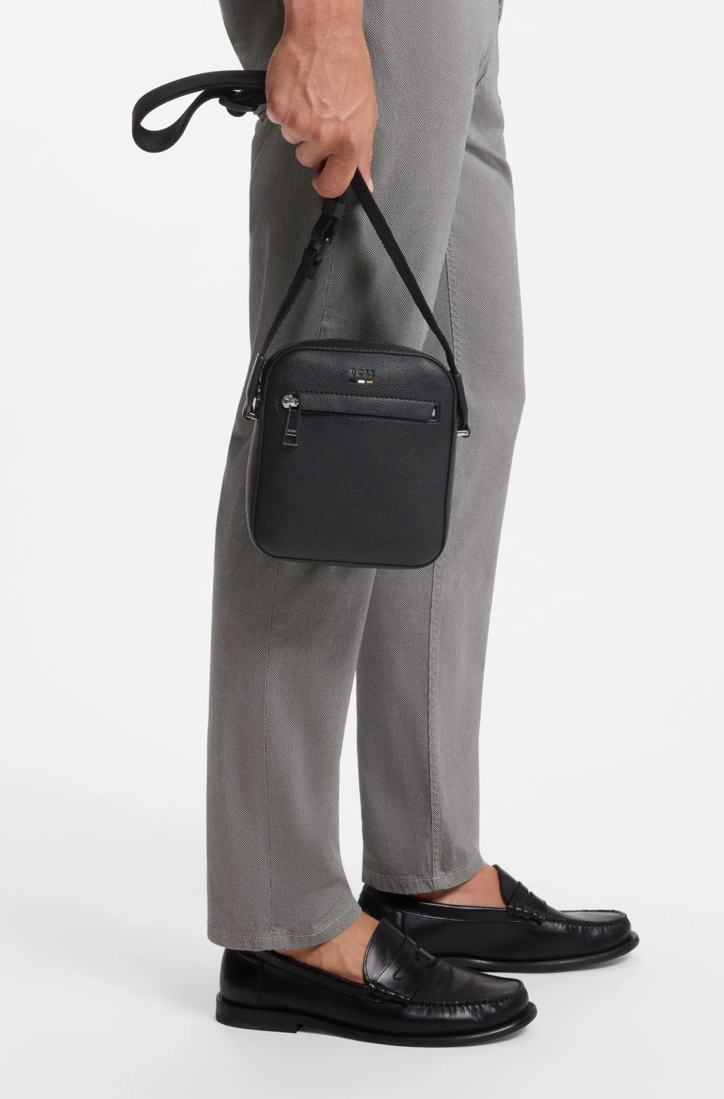 Grained faux-leather reporter bag with signature-stripe trim