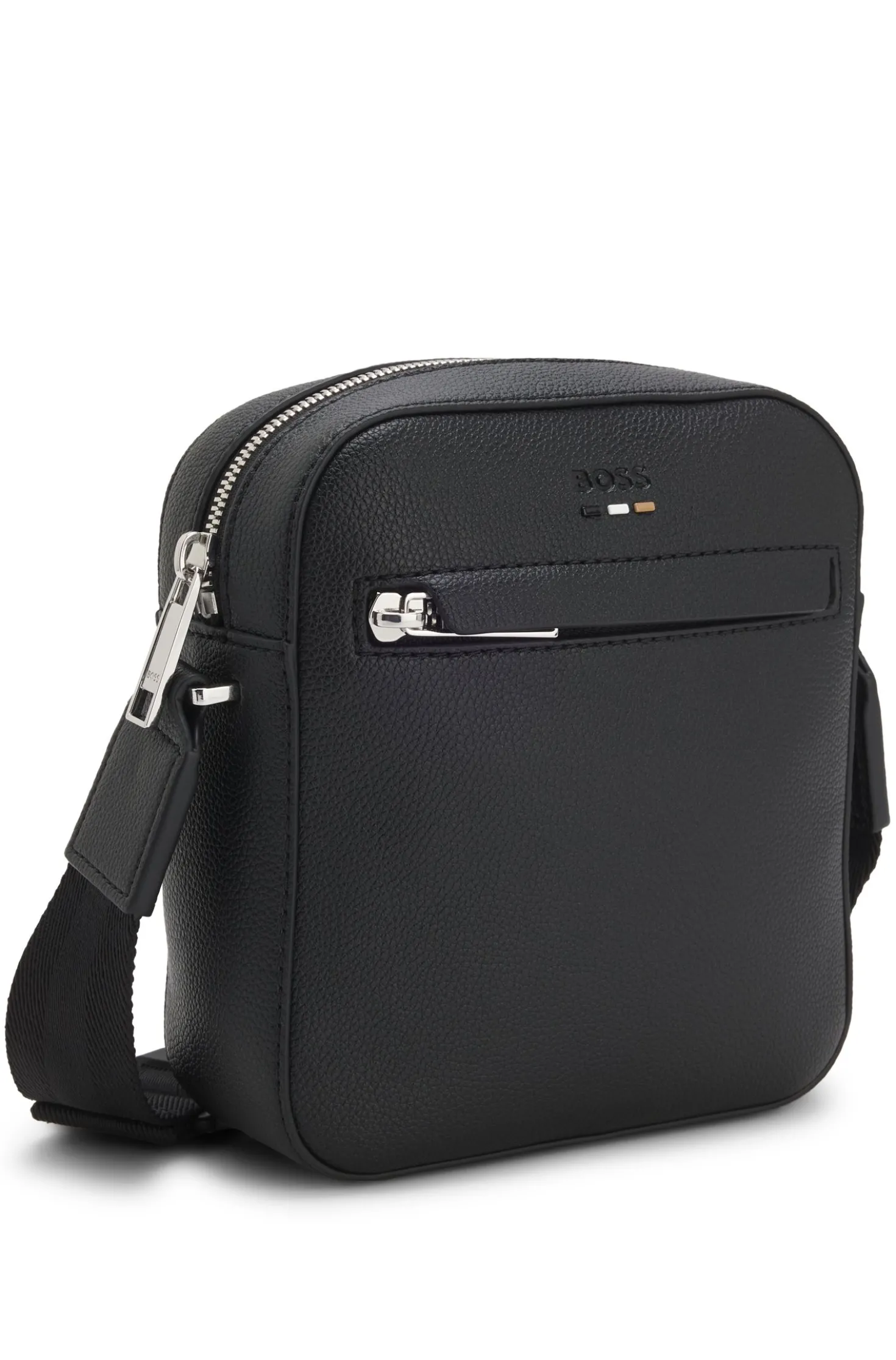 Grained faux-leather reporter bag with signature-stripe trim