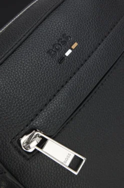 Grained faux-leather reporter bag with signature-stripe trim