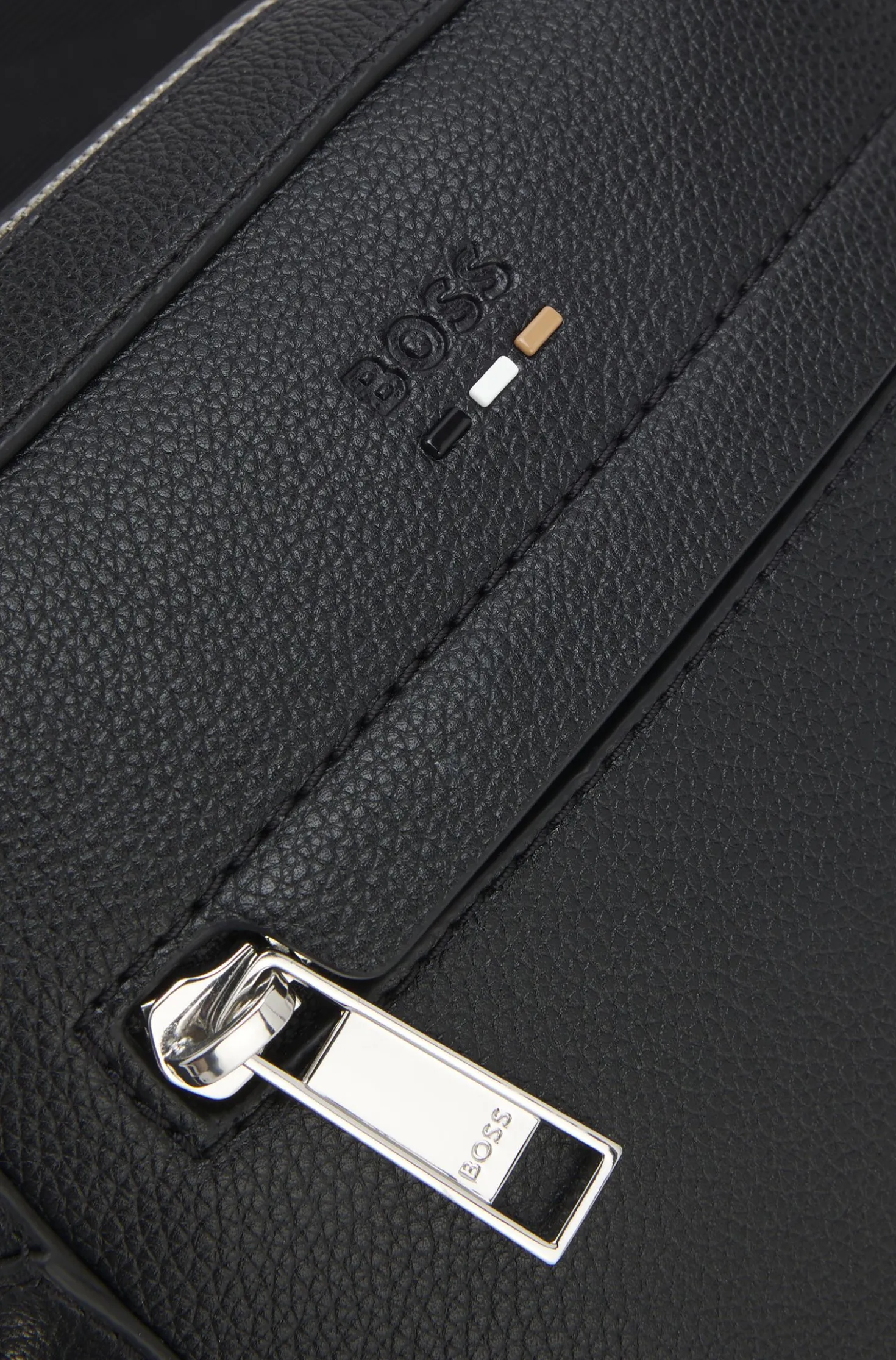 Grained faux-leather reporter bag with signature-stripe trim