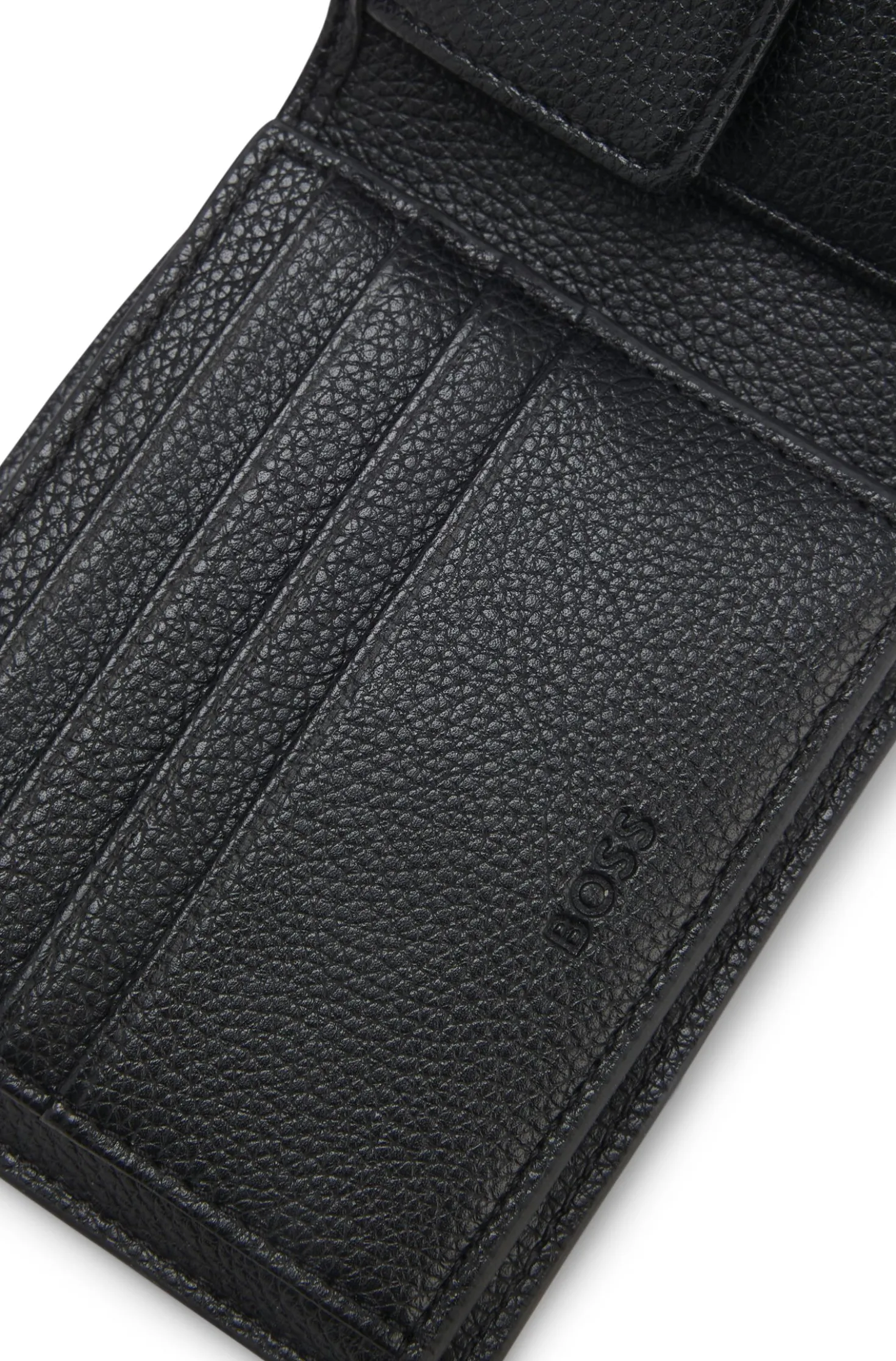 Grained faux-leather trifold wallet with signature-stripe trim