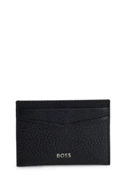 Grained-leather card holder with metal logo