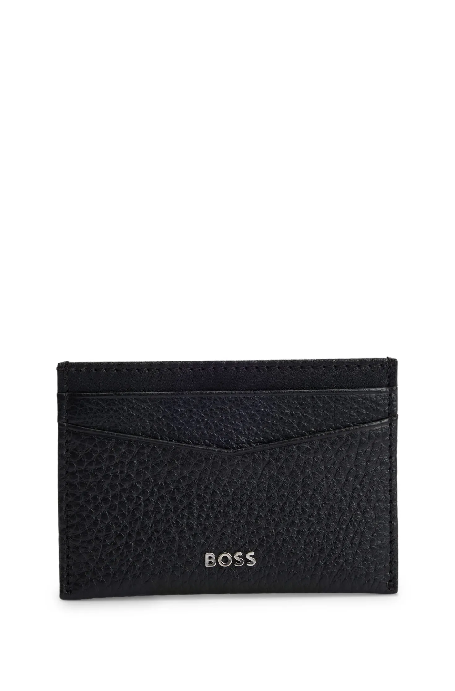 Grained-leather card holder with metal logo