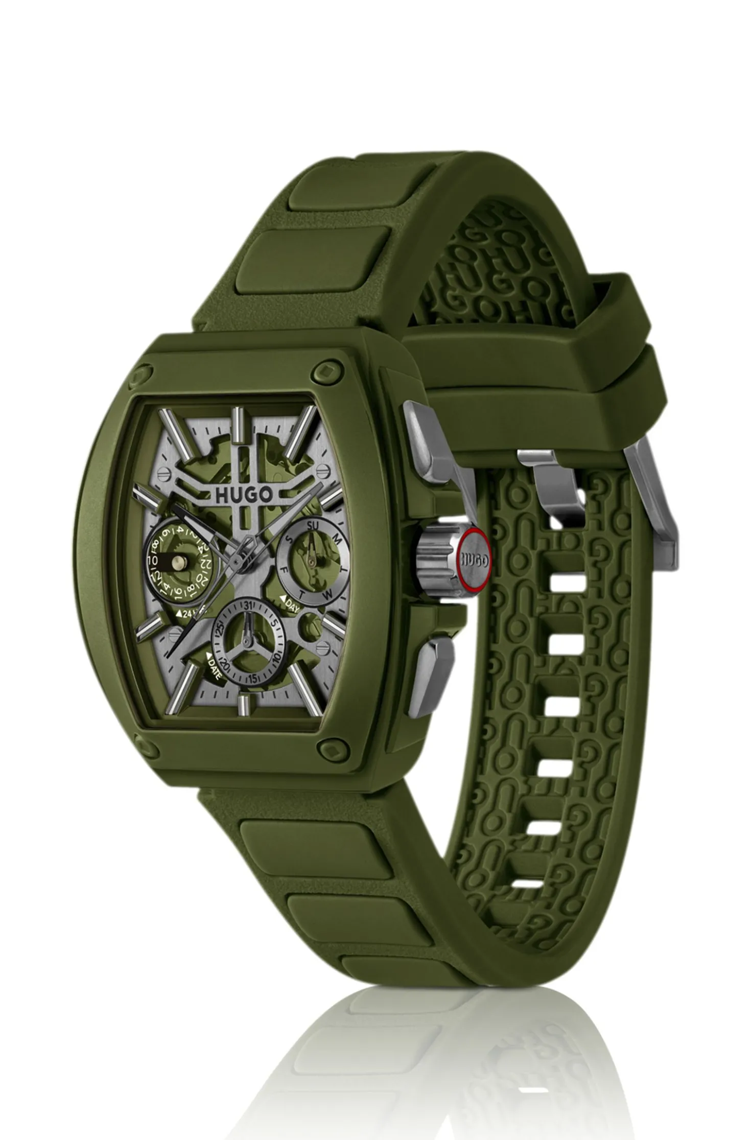 Green skeleton-dial watch with silicone strap