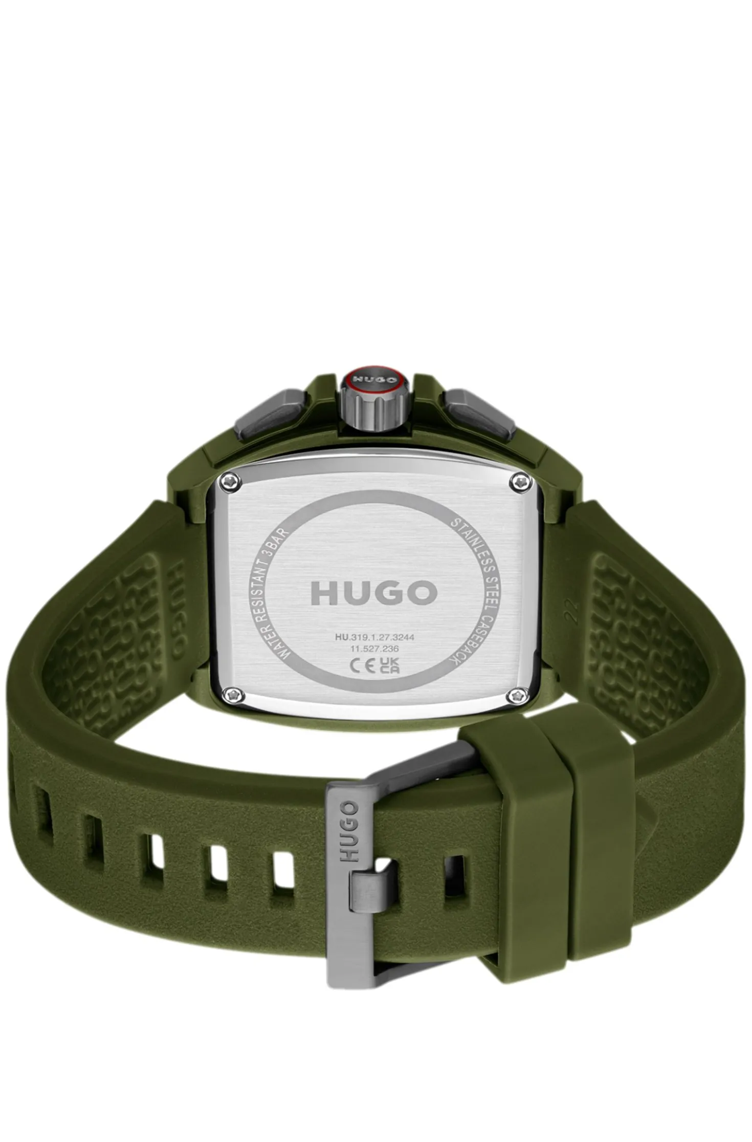 Green skeleton-dial watch with silicone strap