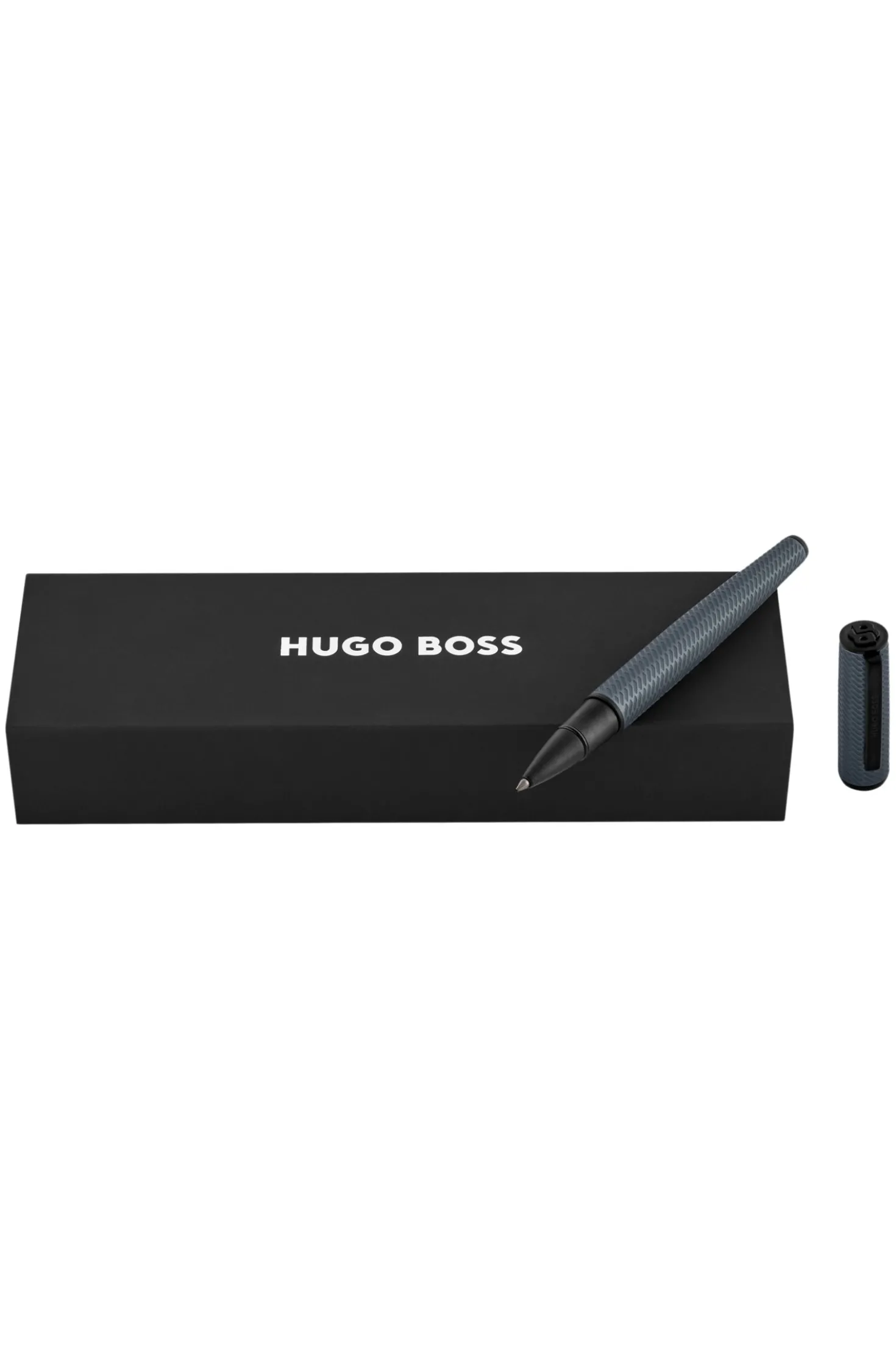 Grey aluminium rollerball pen with mesh-effect engraving