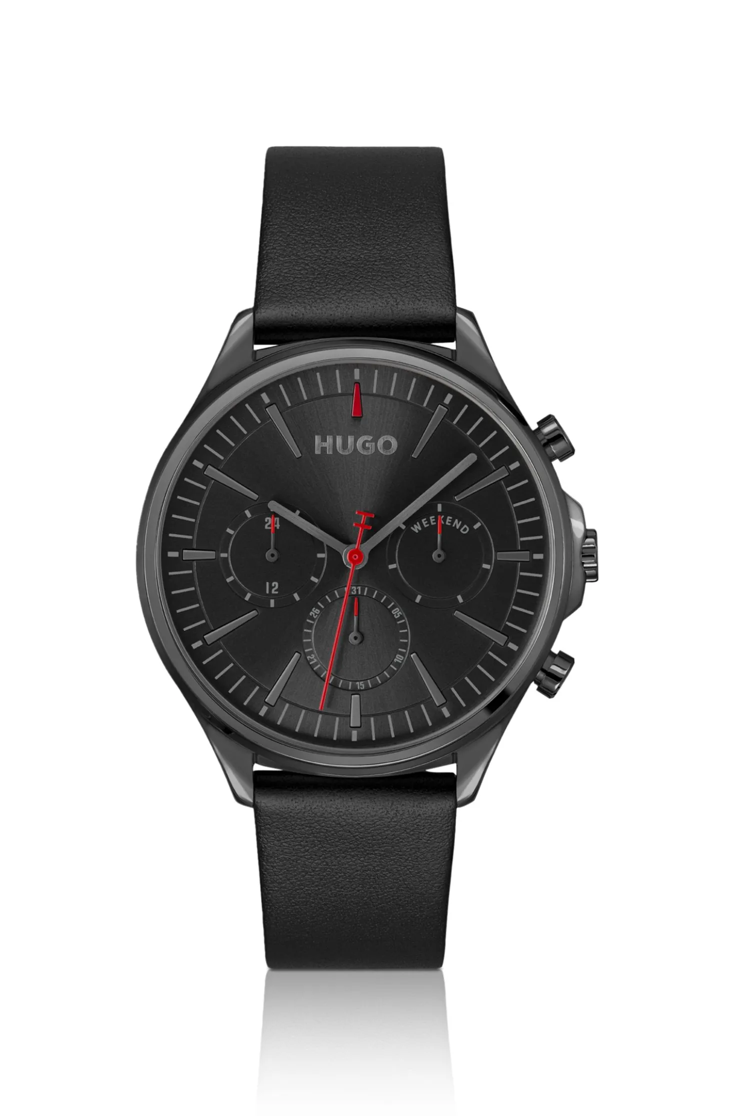 Grey-plated watch with black leather strap