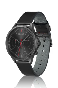 Grey-plated watch with black leather strap