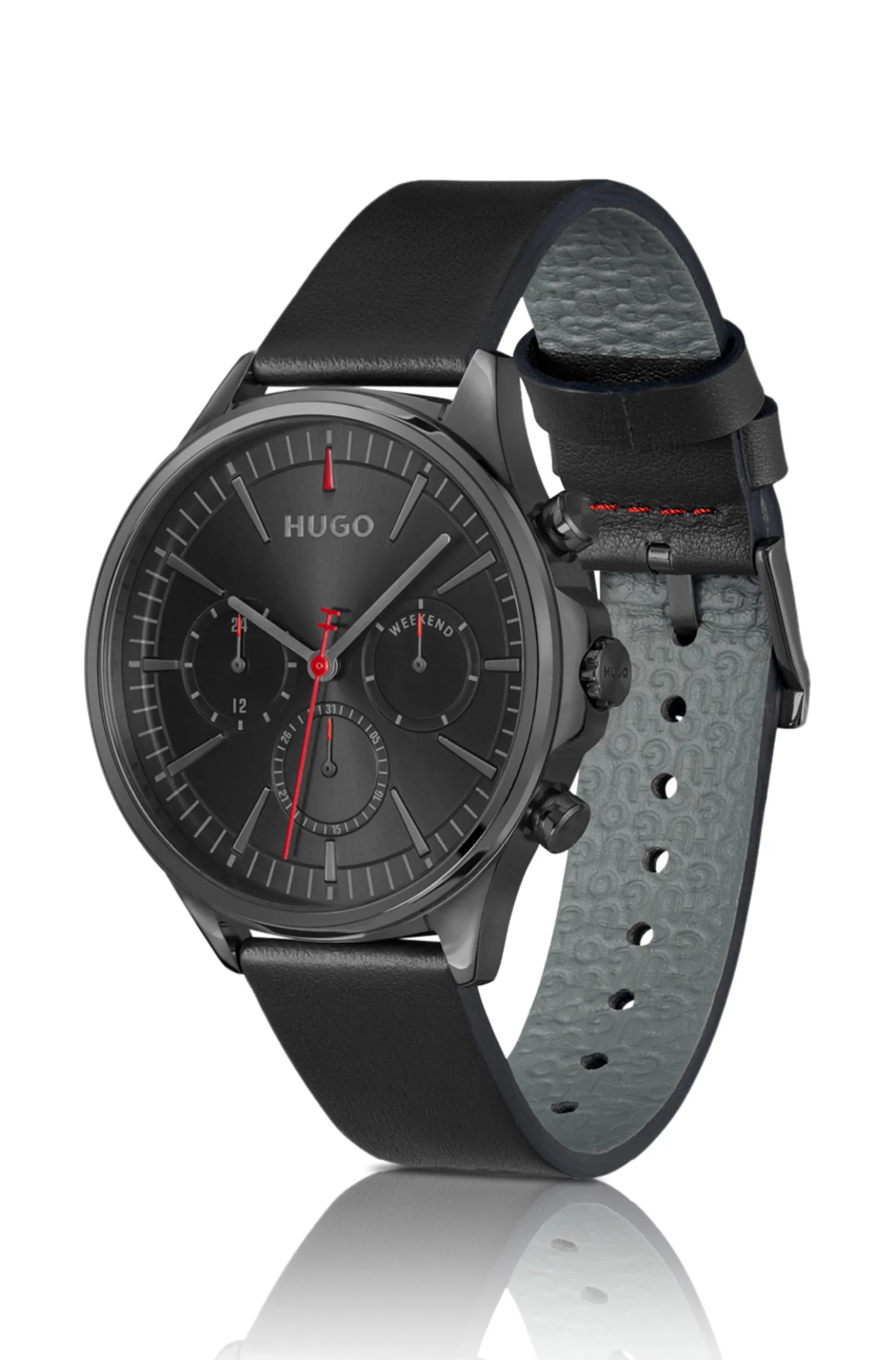 Grey-plated watch with black leather strap