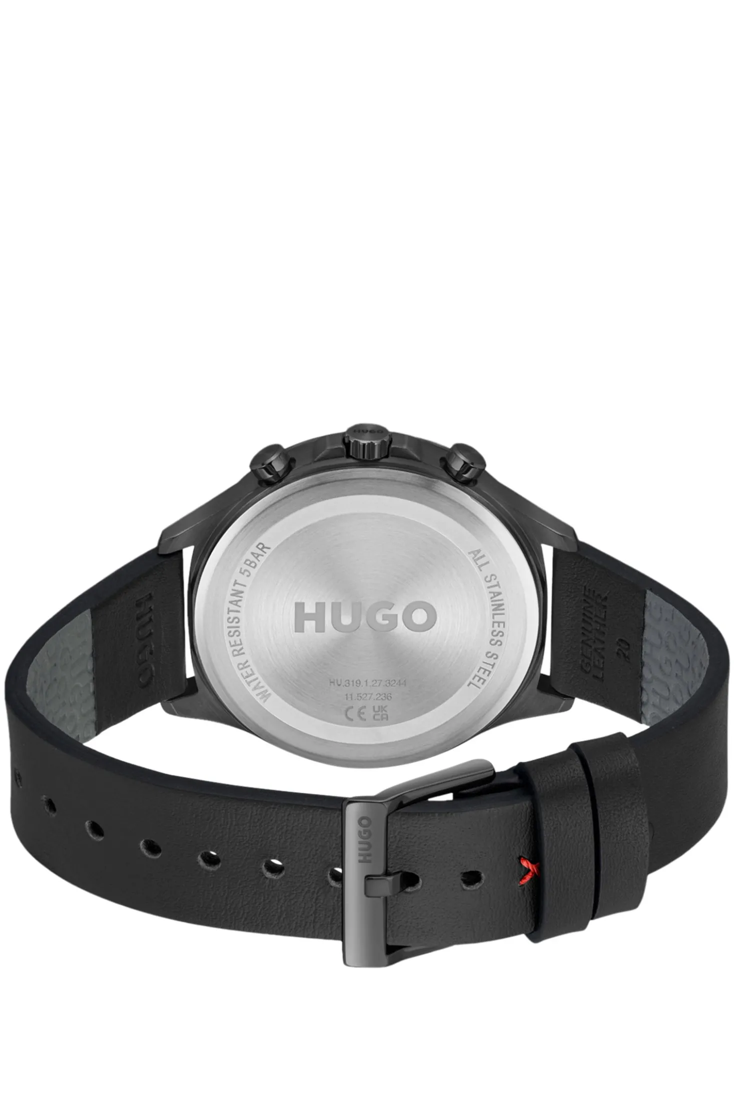 Grey-plated watch with black leather strap