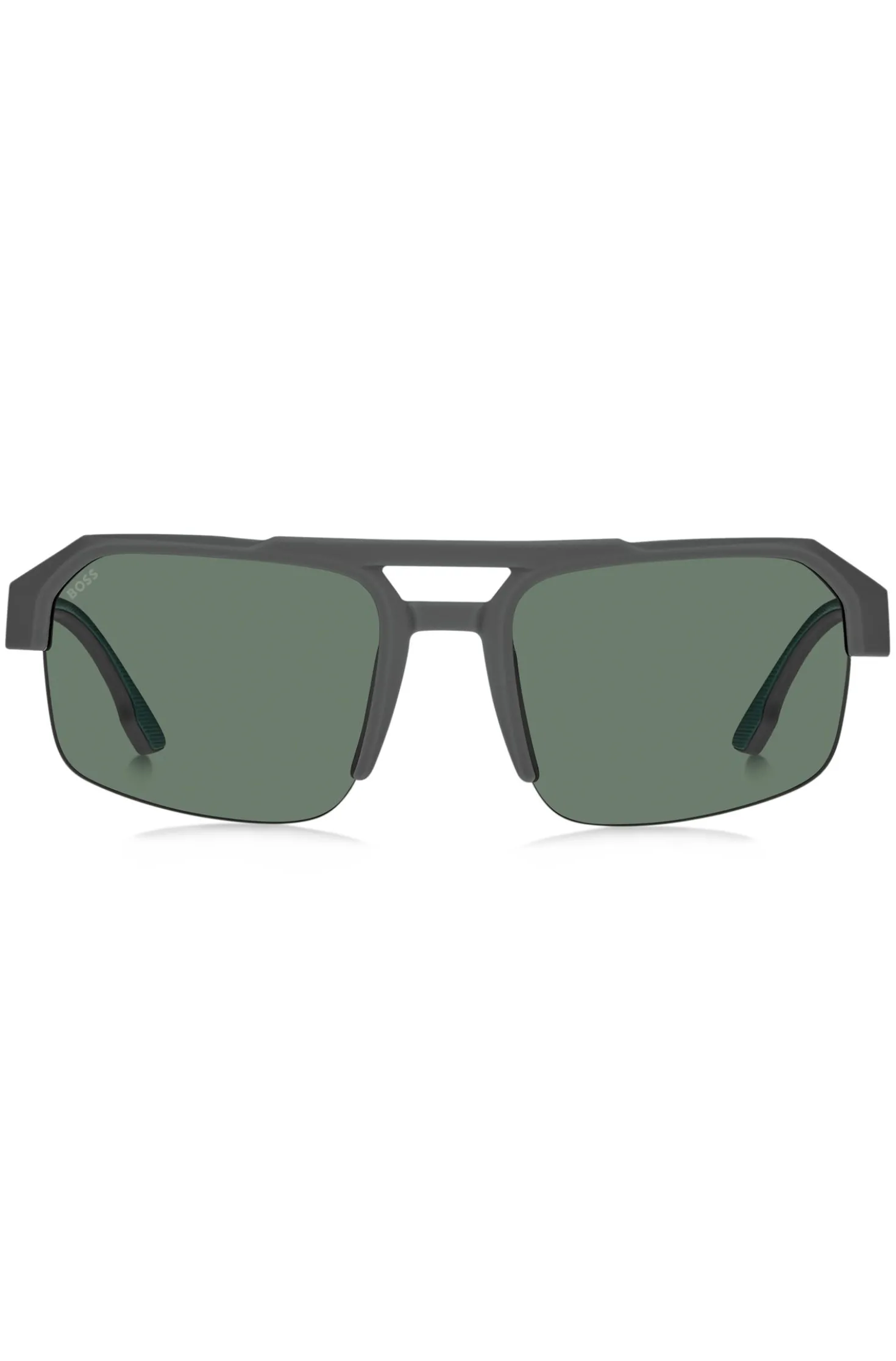 Grey sunglasses with temple insert and logo