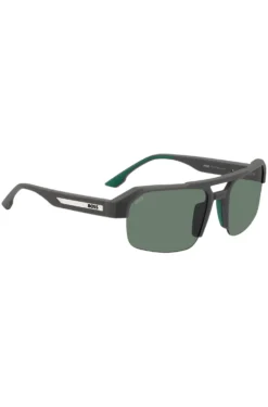 Grey sunglasses with temple insert and logo