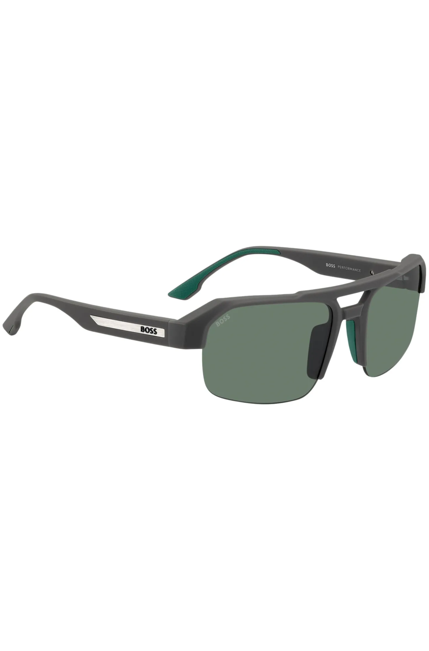 Grey sunglasses with temple insert and logo