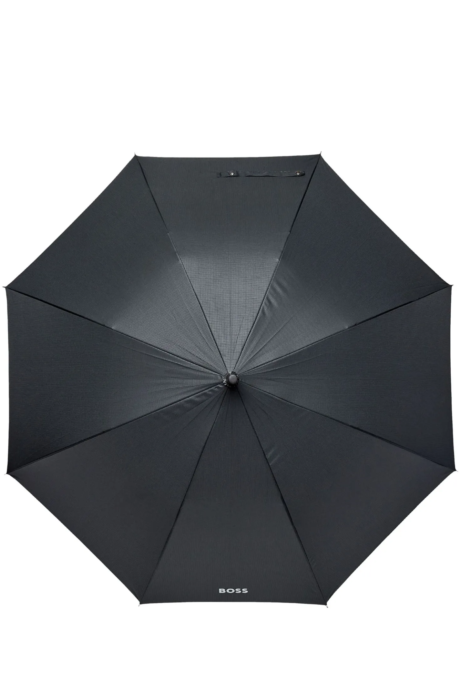 Grid-pattern umbrella with logo-embossed handle