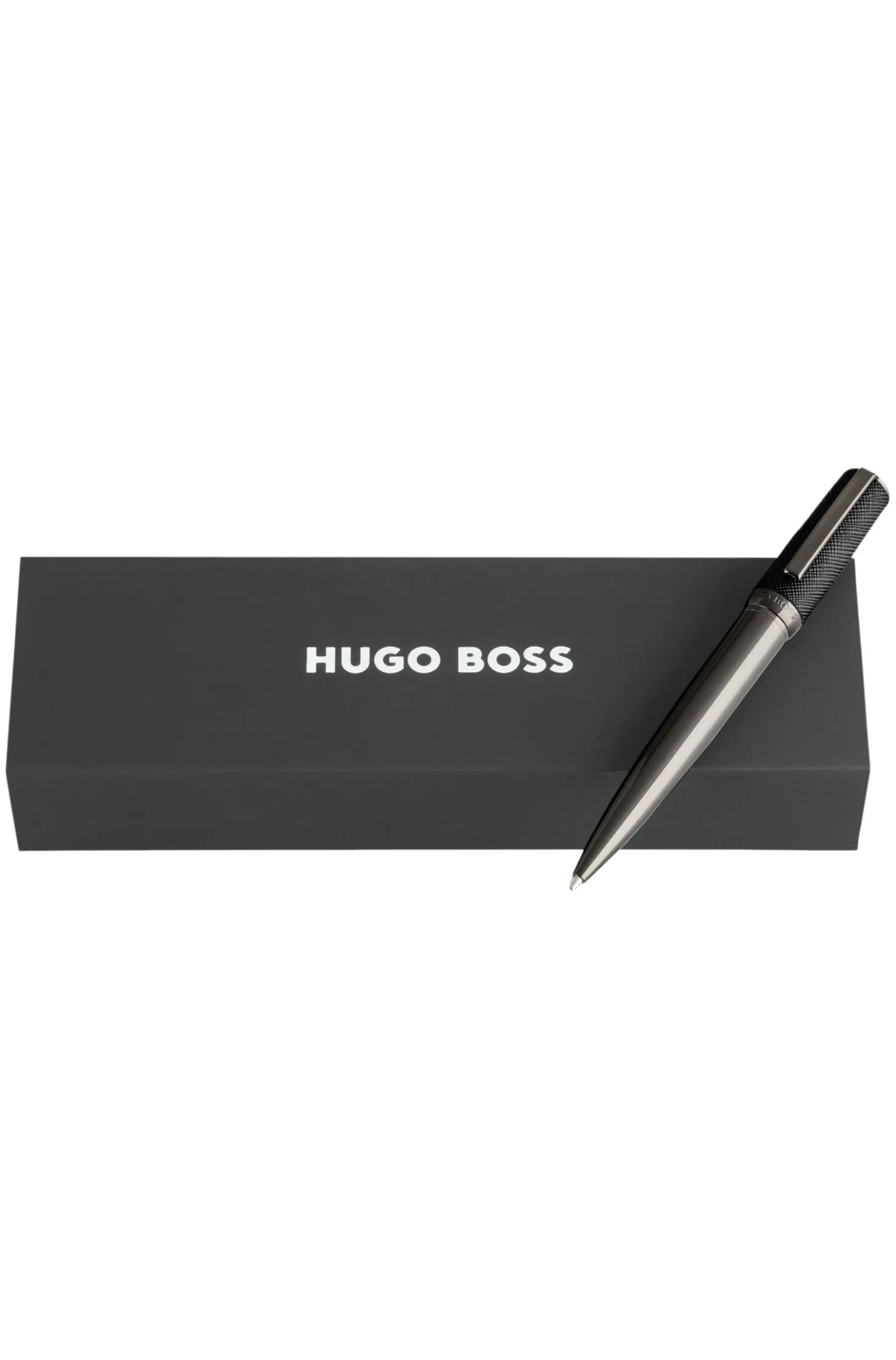Gunmetal-plated ballpoint pen with saffiano-leather cap