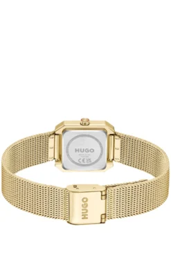 Hazel gold-tone square watch with mesh bracelet