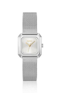 Hazel stainless-steel square watch with mesh bracelet