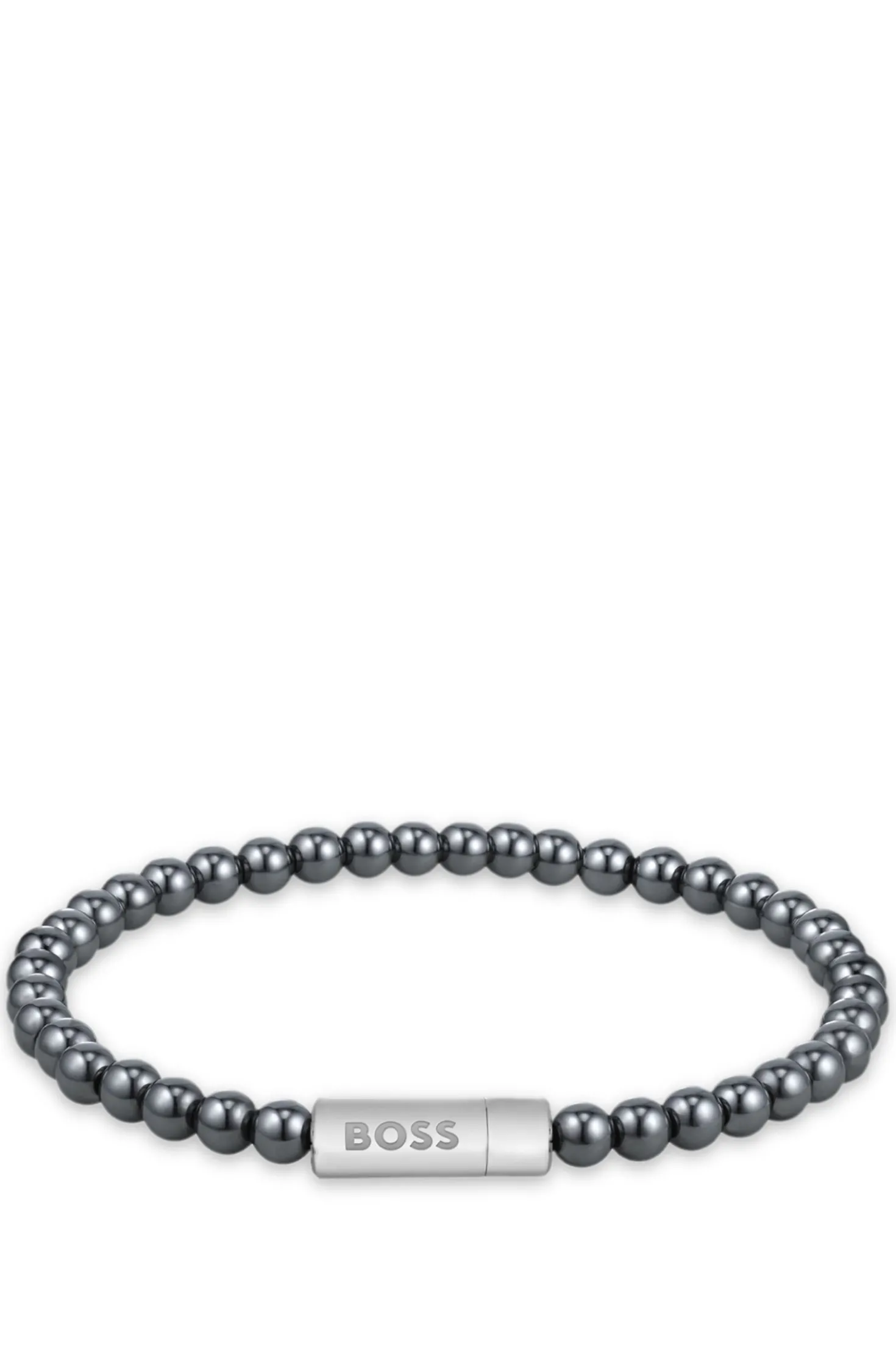 Hematite-bead cuff with logo closure