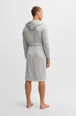 Hooded grey dressing gown with logo-print sleeves