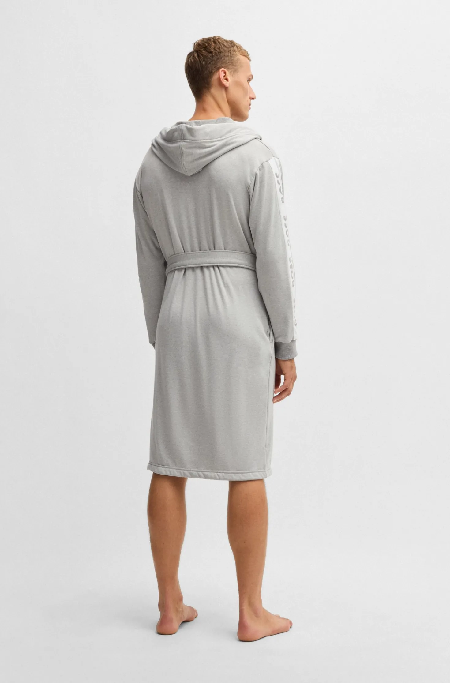 Hooded grey dressing gown with logo-print sleeves