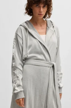 Hooded grey dressing gown with logo-print sleeves