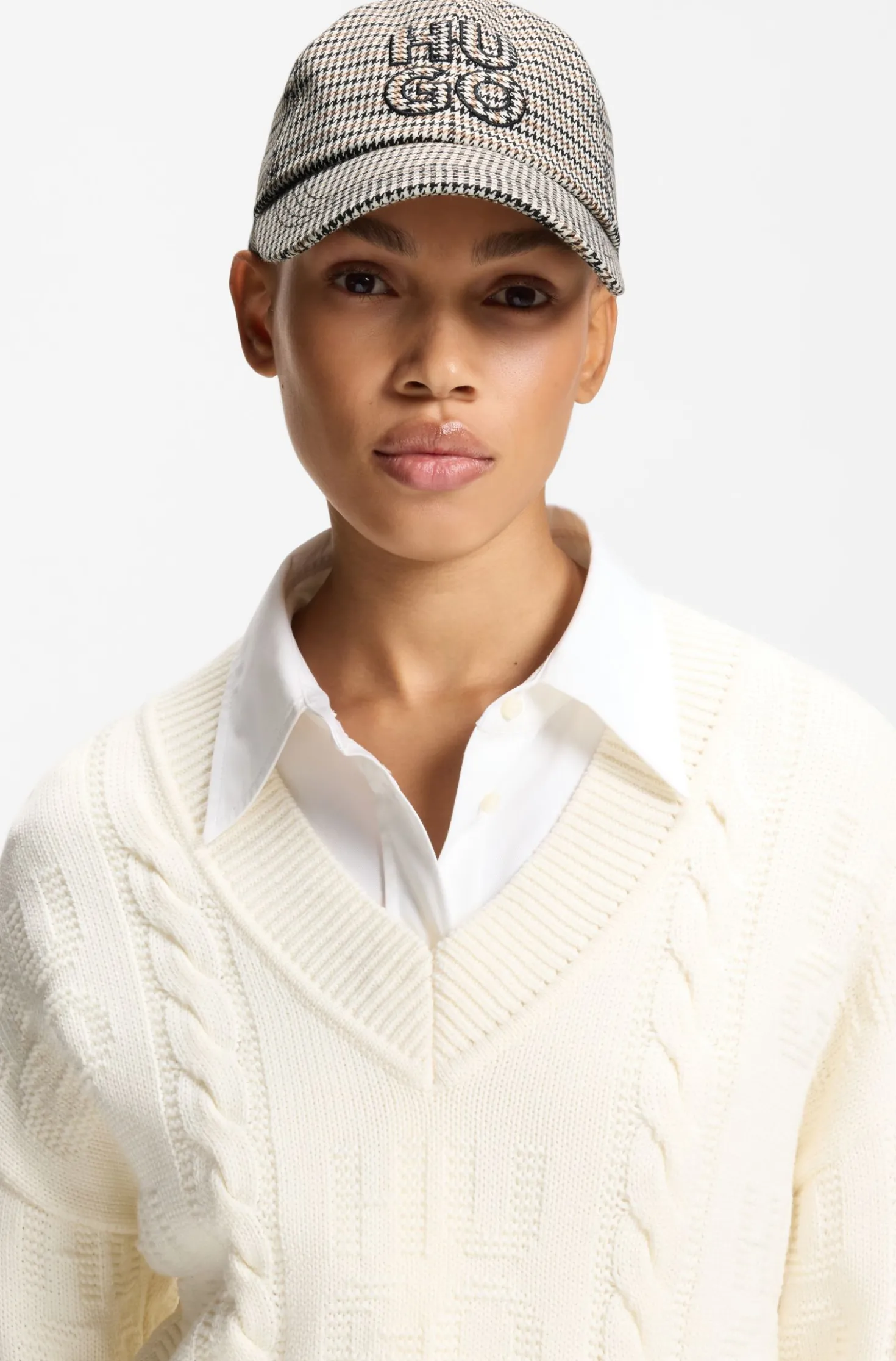 Houndstooth cap with stacked logo