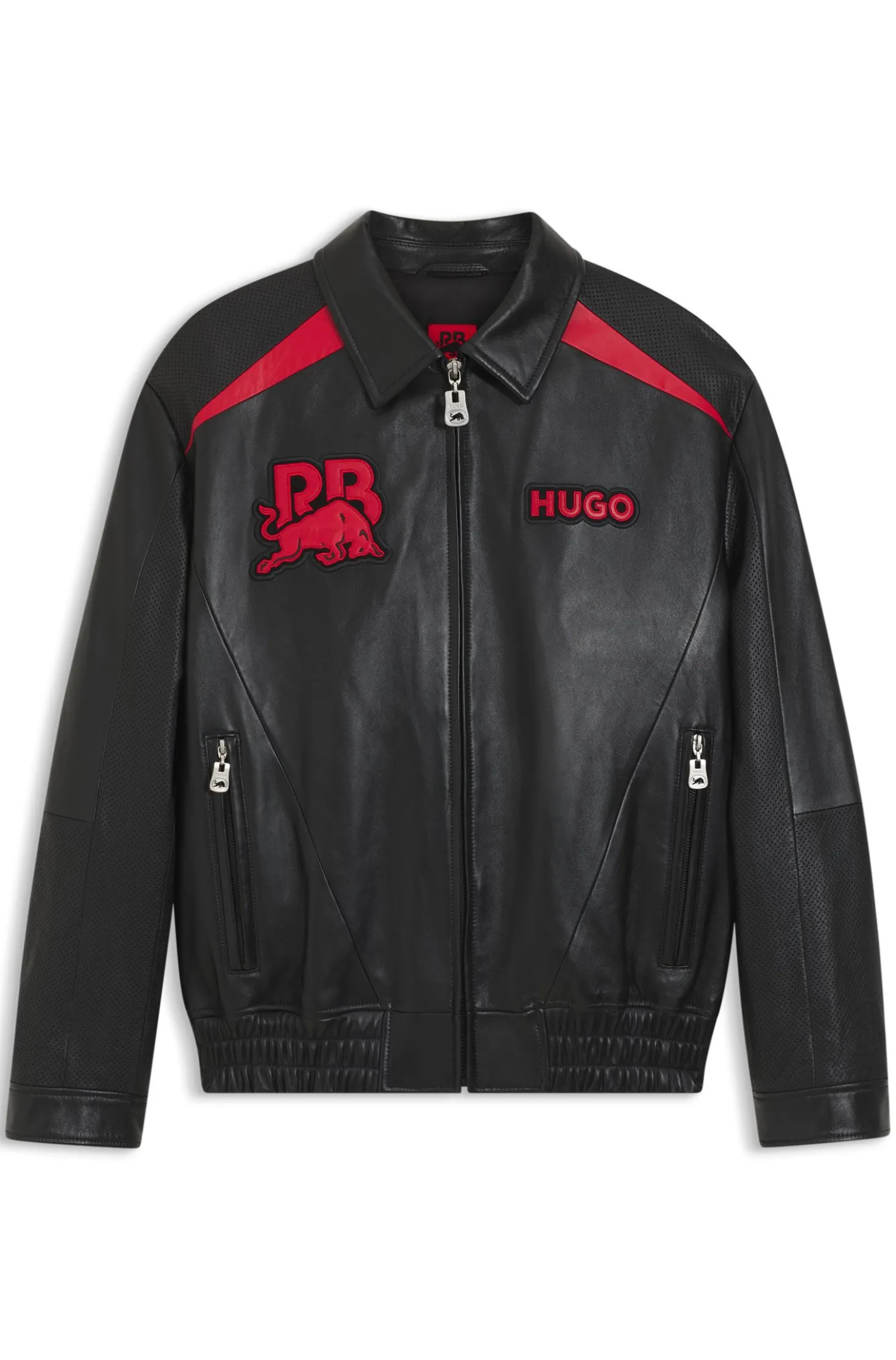 HUGO x RB leather jacket with bull motifs