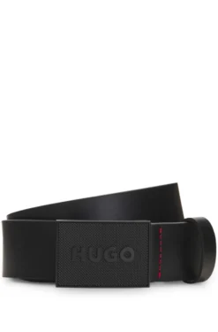 Italian-leather belt with logo plaque buckle