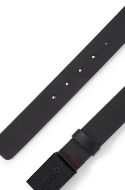 Italian-leather belt with logo plaque buckle