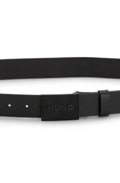 Italian-leather belt with logo plaque buckle