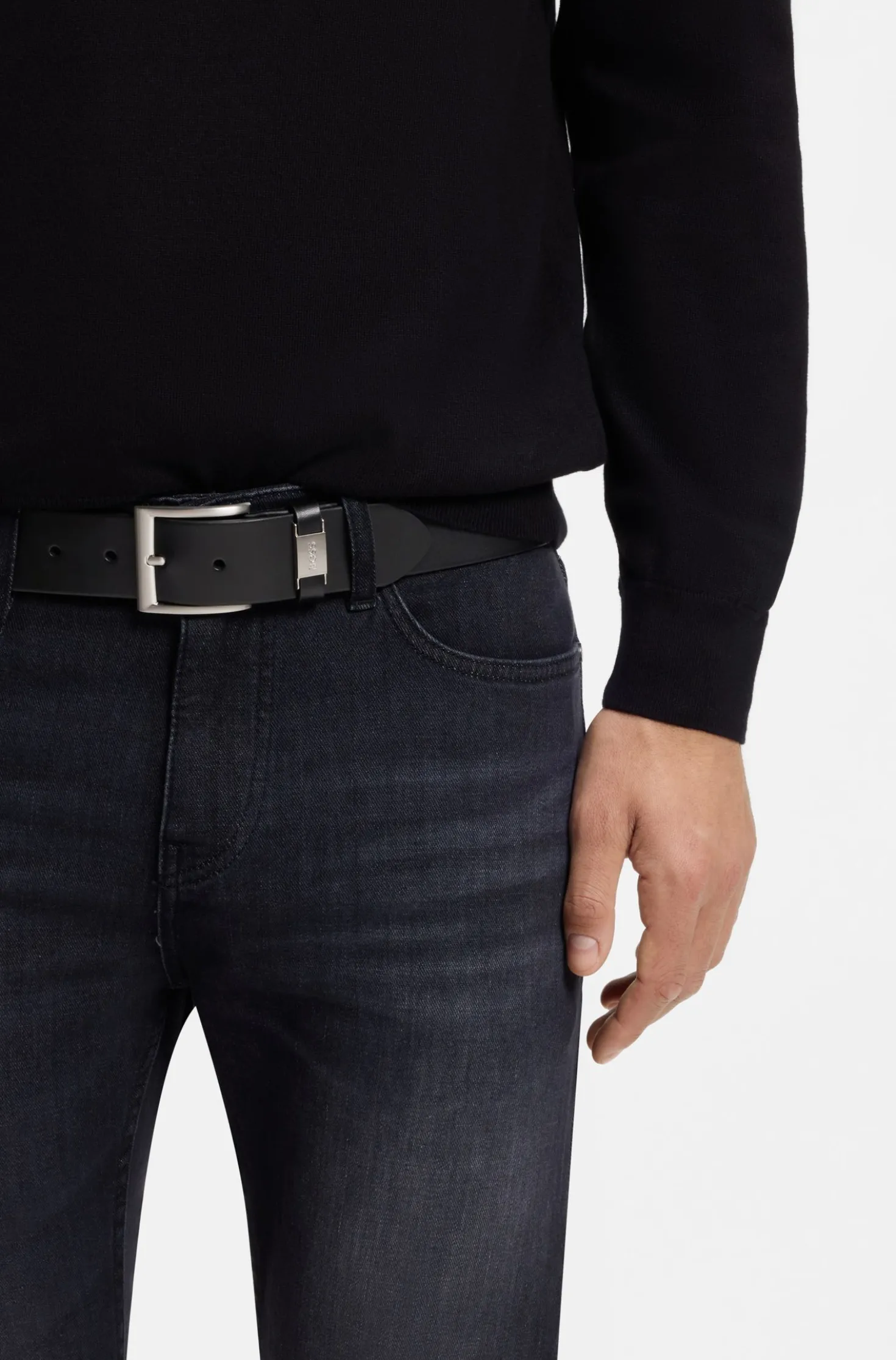 Italian-leather belt with logo keeper and brushed hardware