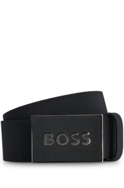 Italian-leather belt with logo-plaque buckle