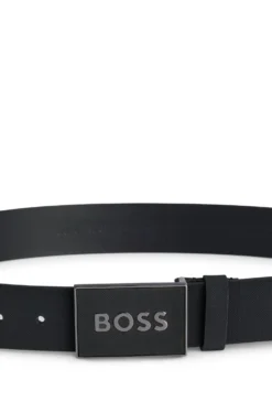 Italian-leather belt with logo-plaque buckle