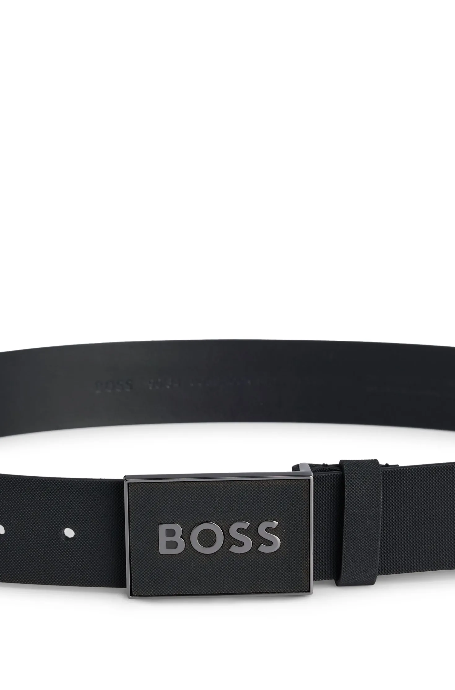 Italian-leather belt with logo-plaque buckle